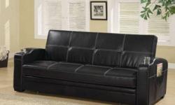 Product description:
Contemporary styling sofa bed, contrasting white stitching on durable black leather look vinyl. Features storage pocked on the arm, cup holders and a smooth easy pull out mechanism.
Product dimensions:
Sofa: 85-3/4"l 33-1/2"w 36"h