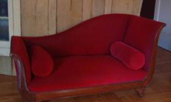 Antique Red Velvet Settee
Sits two and sits very low.
It also would look wonderful in front of 4 post bed.
Small Settee great for accommodating limited room space.
Good Condition
4'FT 9'IN Length
1'FT 7'IN Height (Low end)
2'FT 7'IN Height (High end)