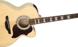 The Takamine G416S New Yorker, 6-string acoustic / electric guitar, has a small body that delivers huge tone and stunning looks. The G416S features a solid spruce top with 3-piece rosewood back and sides, plus gold and black tuners. The fabulous sound and