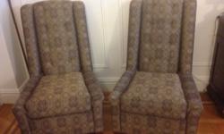 Two matching Bogie Chairs. Pet and Smoke free home.
36 inches high
33 1/2 inches wide (arm to arm)
Depth is 27 inches