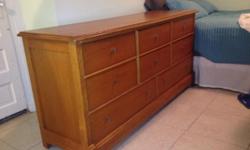 Solid wood Thomasville dresser. measures length 63.5, depth 19, height 31.5, . There are some blemishes on the top of the dresser however it can be easily re-stained for minimal cost. I am selling this dresser because of the lack of space in my new