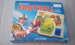 Vintage Electronic Football LCD Game
Tiger Electronics 1987
New & Never used
Realistic, exciting Football game play is now available in the palm of your hands
See Realistic Movement as the field scrolls by
As you near the goal, watch the "Cheerleaders" -
