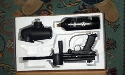 slightly used tippman A5 paintball gun with response trigger and cyclone hopper paintball with mask, camo hood. Tank needs to be hydro-tested but the gun is in great shape