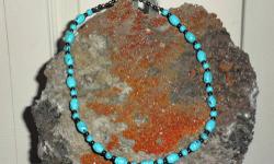 Turquoise Choker Necklace with Oval and Round shape Turquoise beads and Black Hematite beads and buy the Square Loop Lock Silver beads. Approximately 19? long. This is a beautiful Turquoise Choker Necklace, and is as Perfect with Perfection. Price $30.00