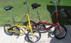 FOR SALE: Two Classic, and very hard to find Dahon III Folding Bikes from 1988, in excellent condition. The red one is a 3-speed, and the yellow one is a 5-speed. Both ride awesome, and both fold up compact to fit in a compact car trunk for transport.