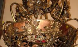 UNIQUE Vintage Brass and Copper LAMPS. All need some Restoration. ( On the most part: Rewiring and Sockets. )
1) - 1930's BALLROOM CHANDELIER
Rescued from the " " Mansion in Mass. in 1972.
Hand-beaten Copper, to look like "Oak Leaves".
Copper and Brass