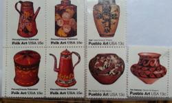 All stamps are in new, mint condition, never used. Buy all of the stamps for $11, or see descriptions below for individual prices.
1) Set of seven USA Folk and Pueblo Art 15 and 13 cent stamps $5
Set of four 1979 15c Pennsylvania Toleware stamps