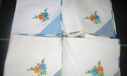 Pictured are colored napkins from the 1940s and 1950s. MOST HAVE NEVER BEEN USED, AND MANY STILL HAVE THE ORIGINAL PRICE TAGS. Most of these napkins are cotton or linen and are priced from $4 to $8 each.
Matching and non matching tablecloths are also
