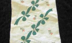 vintage green applique guest towel with scalloped edges, 19 1 1/2" by 14", excellent condition, $17
-laminated Drulane green and white soap dish, 5 3/4" by 4 1/4", excellent condition, $11