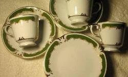 Vintage Style House (Japan) "REGENCY" tea/coffee set for 4 persons: 4- cups, 4- saucers, 4- cake plates 6.5" diameter. Avocado green border with 24k gold. HIGH QUALITY.
All pieces WERE NEVER USED.
These pieces are very rare and discontinued, replacement