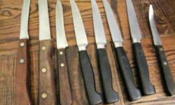 -grapefruit knife, double-sided, wooden handle, 7", $12
-4 Sabatier steak knives, 9 1/2", $20
-13 1/2" knife with wooden handle, $10
-10 1/2" knife with wooden handle, $8
-9" knife with wooden handle, $7
can be purchased individually or as a group for $52