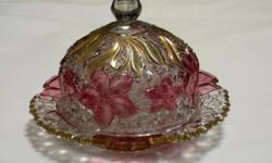 vintage lead crystal domed cheese plate with burgundy and gold, 7 1/2" high, 7" plate, superficial scratches on plate