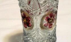 Vintage lead crystal glass tumbler with burgundy and gold stars, 4 1/4" high, 3" on top, 2 3/8" base