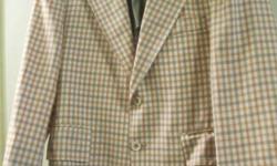 vintage men's plaid sport coat (no size), shoulder to shoulder-18", sleeves 21 1/2", length (collar to hem) 31 1/2", chest 19 1/2". This is a vintage polyester coat with 2 buttons and a vent in the back. very good condition