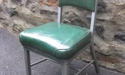 I have several vintage steel office/side chairs to choose from. These two have the original green vinyl seat covering. I also have a similar one in a red and another in yellow. They're very sturdy and in good condition for their age. These chairs are