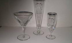 I have Monogrammed Glassware Set of 10 different sizes of good quality glasses there are 12 of each size, such as Champagne (2 sizes), Wine 2 different sizes, Water, Philzners (beer) Cordial, Parfait (for desserts) 4 shot glasses, Old Fashion, there is 1