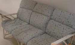 For Sale: Vintage Rattan Furniture -- Sofa and 2 Chairs.
The sofa seats 3. This is a white rattan wood set not plastic or composite. The set is suitable for casual indoor use; perfect for your Sunroom / Den / Family Room / Enclosed Porch. This set is in