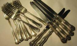Vintage silver plated flatware from "NATIONAL-DOUBLE TESTED-SILVERPLATE", 1908 pattern "Queen Elizabeth":
1. 10-forks and 6- knives. Length of fork- 7.5", knife- 9.5". Price- $70 for this set.
2. Big fork for salad 8" length - $6
3. 7 soup spoons, 6.75"