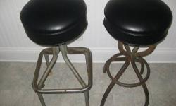 These stools have been reupholstered in black recycled leather. The metal frames have not been refinished or repainted, but they can be. $60 each or $100 for pair. Cash or PayPal accepted. Local curbside delivery available for a fee.