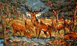 EXCELLENT Condition - Deer in Woods / Forest Pond Velvet Wall Hanging Tapestry - This really beautiful tapestry is 71 x 51 inches including the blue silk fringe on bottom. Its in excellent condition, colors are vibrant. There are no stains or fraying.