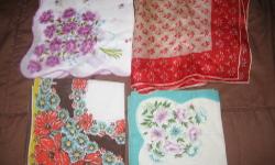 The pictured handkerchiefs are just a sample of the many from the 1940s and 1950s being offered for sale. These handkerchiefs are mostly either colored prints or floral designs on a white background. There is a HUGE SELECTION and almost any color is