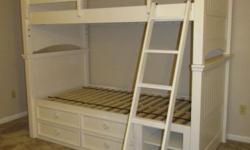 Beautiful White Bedroom Set that includes the following:
2 twin beds that can either be separate or made into bunk beds
One of the beds (bottom bunk) has 4 drawers and 2 shelves underneath
Side rails and ladder for bunk beds
Dresser with 4 drawers and 2