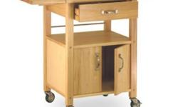 Fully assembled kitchen island with two drop-leafs that extend the counter space by 2 square feet when opened. It is used but in perfect shape. Material: Natural finish thick and sturdy wood. It is mobile with 4 castors (two locking castors for