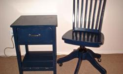 2 Pottery Barn pieces for $75.00 in total.
Blue wooden swivel chair with wheels:
-swivels and wheels with ease.
Shows some wear. Some dings. Some paint stress.
But... fully functioning with NO damage that mars use.
Blue wooden bedside table:
Has drawer
