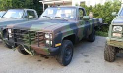 Beautiful 1985 k30 chevy cucv m1008 military pickup. 69,000 miles on truck new motor and transmission put in buy the military before sold 6,000 on them. New military paint inside and out with correct camouflage pattern. This truck is all original military