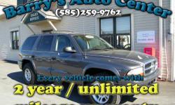 **Get a FREE 2 Year Unlimited Mileage Warranty!!**
Here is one super clean Durango that's in nice shape, and has all the power options inside you want. We did a NYS inspection and safety check, changed the oil, replaced the A/C condenser, front and rear