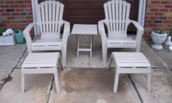 5 PIECE SYROCO GARDEN/PATIO SET. MADE IN THE U.S.A. THIS SET IS USED AND CONSISTS OF TWO CHAIRS, TWO FOOT RESTS AND A COLLAPSABLE TABLE. IT IS BEIGE IN COLOR AND IS IN GOOD CONDITION EXCEPT FOR A MINOR CRACK ON THE TOP BACK OF ONE OF THE CHAIRS.THIS SET