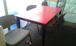 TABLE & 4 CHAIRS - 100.00
4 chairs only: 80.00 Table only: 50.00
TABLE IS WOODEN....AND MEASURES:
60 inches long - 36 inches wide - 30 inches high
TABLE HAS BEEN PAINTED WITH A BLACK FRAME AND A WATERMELON COLORED POLYURETHANED COATED TOP WITH A WET & DRY