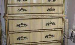 Have to move, must sell,
this 6 drawers chest is durable, sturdy, pure wood, would last a long time. $174.99
With Some Refinishing, this all wood could become a classic antique
it is queen anne style bedroom set
cream color
it was a 7 piece set, Now: