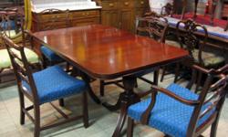 This an Antique Mahogany Dinner Table Set in very good to excellent condition. This comes with 4 matching chairs. The four chairs have been professionally re-upholstered with new blue fabric. One of the chairs is a master chair with arm rests. There is