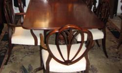 This is an Antique Mahogany Dinner Table Set in very good to excellent condition. This comes with six matching chairs and 4 extension leafs for the table that are each 11" wide. Two of the chairs are master chairs with arm rests. All chairs are extra wide