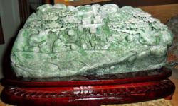 This is a Beautiful Jadeite DuShan Jade Exceptionally Hand Carved Mountain Scenery. Colors: Multi Colors: Light Green, Brown and Beige This is a Exceptional Beautiful Carving. This is a Beautiful Scenery Picture of to Chinese Holly Men and Girl with