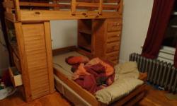 ? SOLID OAK WOOD
? CRISS CROSS BED STYLE
? BUILT IN DRESSER AND DESK AND SHELVING
? VERY DURABLE
? 3 YEARS OLD
? BOUGHT FROM OLUMS, PAID $1200 FOR SET
? SELLING FOR $1200 NEW IN STORES NOW
? 2 MATRESSES AVAILABLE
BUNK BEDS NEED BUNK BOARDS ($35/BOARD AT