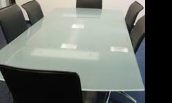 Frosted Glass Top Rectangular with Shaped Ends 4' X 8' X Â½" Thick
With Satin Aluminum Panel Legs, Custom Made by Dallek (NYC), Original Retail Price $2,650.00 (still have invoice). Brand new, excellent condition. $1,500.00 (Crated in Storage) (Also