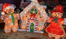 Up for sale is this very cute 200 Light Up Tinsel Gingerbread House and Family. Used one season. The metal stake for the gingerbread boy is broken off but can easily be taped with duct tape. But it can still be propped up.
Indoor/Outdoor Use
If one bulb