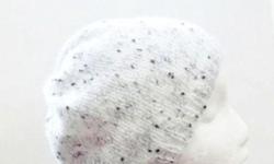 This knitted beanie is white with tiny flecks of black worked into the yarn. Textured with tiny threads of black and flecks. Light weight and airy.The beanie beret is made with a soft acrylic and nylon yarn. Very stretchy, will fit any head, will stretch
