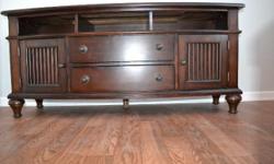 Very well made media cabinet. You will need two people to move, it is very heavy. There are two deep drawers and two cabinets. One cabinet has an adjustable shelf and the other has a slide out drawer with separate compartments for DVD cases. The width is