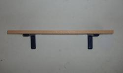 $15 gets you three shelves. $25 gets you all six shelves.
Five oak laminated shelves are 8" by 24"; one shelf is 8" by 36". Each shelf comes with a pair of metal brackets; each metal bracket comes with a dark blue plastic cover that hides the mounting