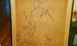 This is an orginal painting picture on rice paper drawing by the famous Kano school who is Sozan with his signature on it. Plum-tree, flowers, cameria flowers with a bird on a tree with gold powder all over...Dimensions: 28"(w)x 58" (ht).
In good