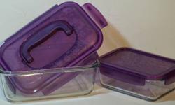2 small 6" glass
1 medium 7" glass
no chips or cracks
gently used
clear glass bottoms
translucent purple tops