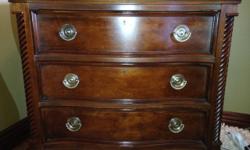-Stanley Furniture's "Bachelor's Chest"
-Can be used as a Nightstand or Dresser
-Genuine Wood (Mahogony/Cherry finish) & Marble Top
-Small knick (pictured) in marble top
-3 large drawers (each 6" deep) with 2 brass colored pulls on outside
-Measurements: