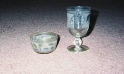 Attractive glassware that was lightly used (were and still are quite suitable for special occasions). Available are 9 - 12 oz drinking glasses, 8- 8oz goblets, one dessert dish and 9 - 4 oz juice glasses. Individual drinking glasses and goblets are $5