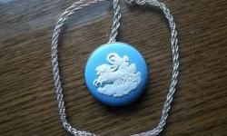 NOT A SPAMMER must be typed in your first line email response, else the email will go into spam and I can not answer. Thanks.
Wedgwood Necklace Blue Jasper Silver. Depicts Lady, Horses on Clouds.
The Cameo is stamped on the back Wedgwood, the pendant is