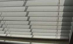Seven sets of custom made Bali white 2 inch slat blinds, wood grain look for windows (inside measurements) 34&3/8 inches wide by 57&1/2 inches. $10 each set.