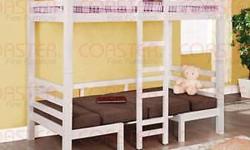 Twin Size Loft Bunk Bed. Includes all pieces shown except for the mattress. Easy to assemble. Strong Construction. Available in White or Espresso Finish.
Loft Bed Size: 81 In.(L) x 41 In.(W) x 66 In.(H).
Desk Size: 42 In. x 17 In. x 47 In.(H)
Lower Twin