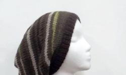 This slouch hat is 100% wool. The colors are olive, tan and brown stripes . A great hat for men or women. This wool beret is made with a soft pure new wool yarn. Knitted in stripes. It is a medium thickness, very stretchy, will fit any head, will stretch
